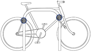 A good bike parking rack supports the bicycle in two spots on the frame.